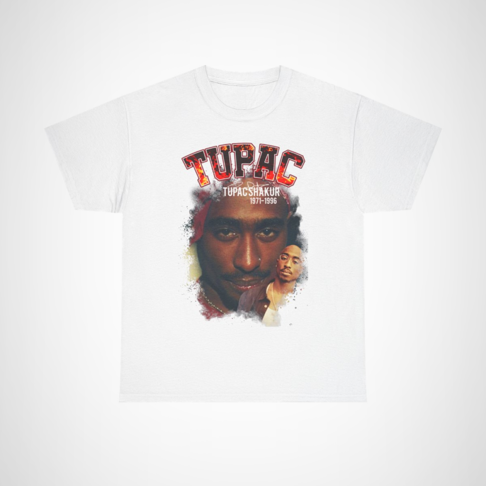 Legendary Tupac Shakur Graphic Tee showcasing vibrant imagery and tribute to hip-hop culture White colour