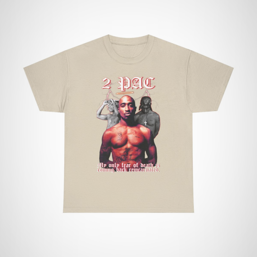 2 PAC Reincarnated Graphic Tee showcasing hip hop legend art Sand colour