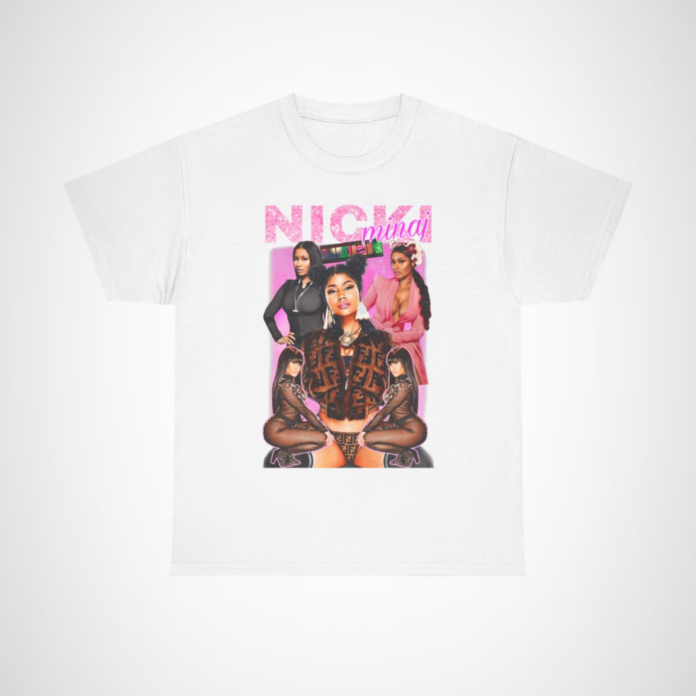 Vibrant Nicki Minaj fashion collage t-shirt showcasing bold designs White colour