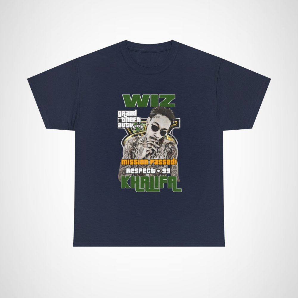 Wiz Khalifa GTA V 'Mission Passed' T-Shirt with vibrant gaming artwork Navy colour