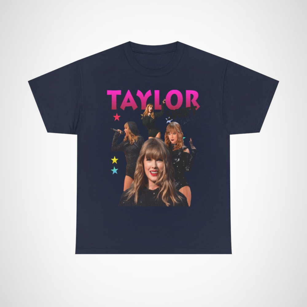 Taylor Swift concert tee featuring vibrant images of the artist in fashionable outfits Navy colour