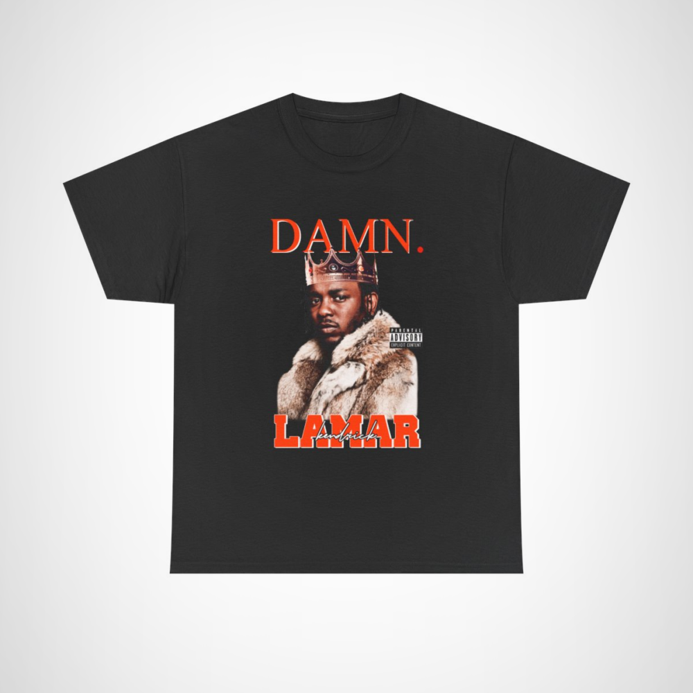 Kendrick Lamar DAMN. Crowned King T-Shirt displayed on a model Black colour