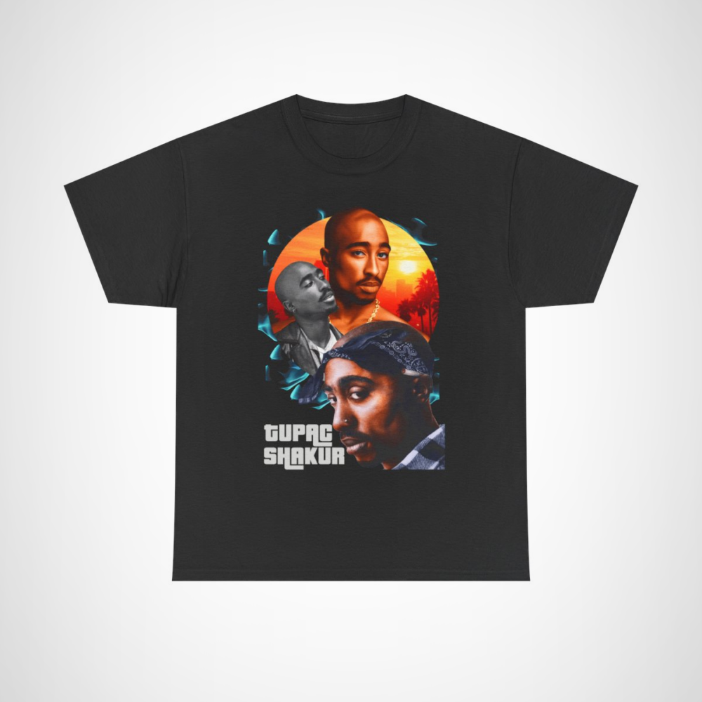 Tupac Shakur graphic tee showcasing vibrant design and artistic tribute to the hip-hop legend Black colour