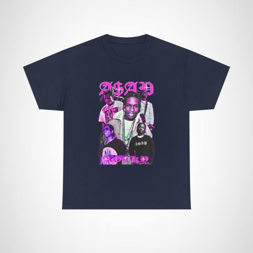 ASAP Rocky Vintage Collage T-Shirt featuring a vibrant design for hip-hop fans Navy colour