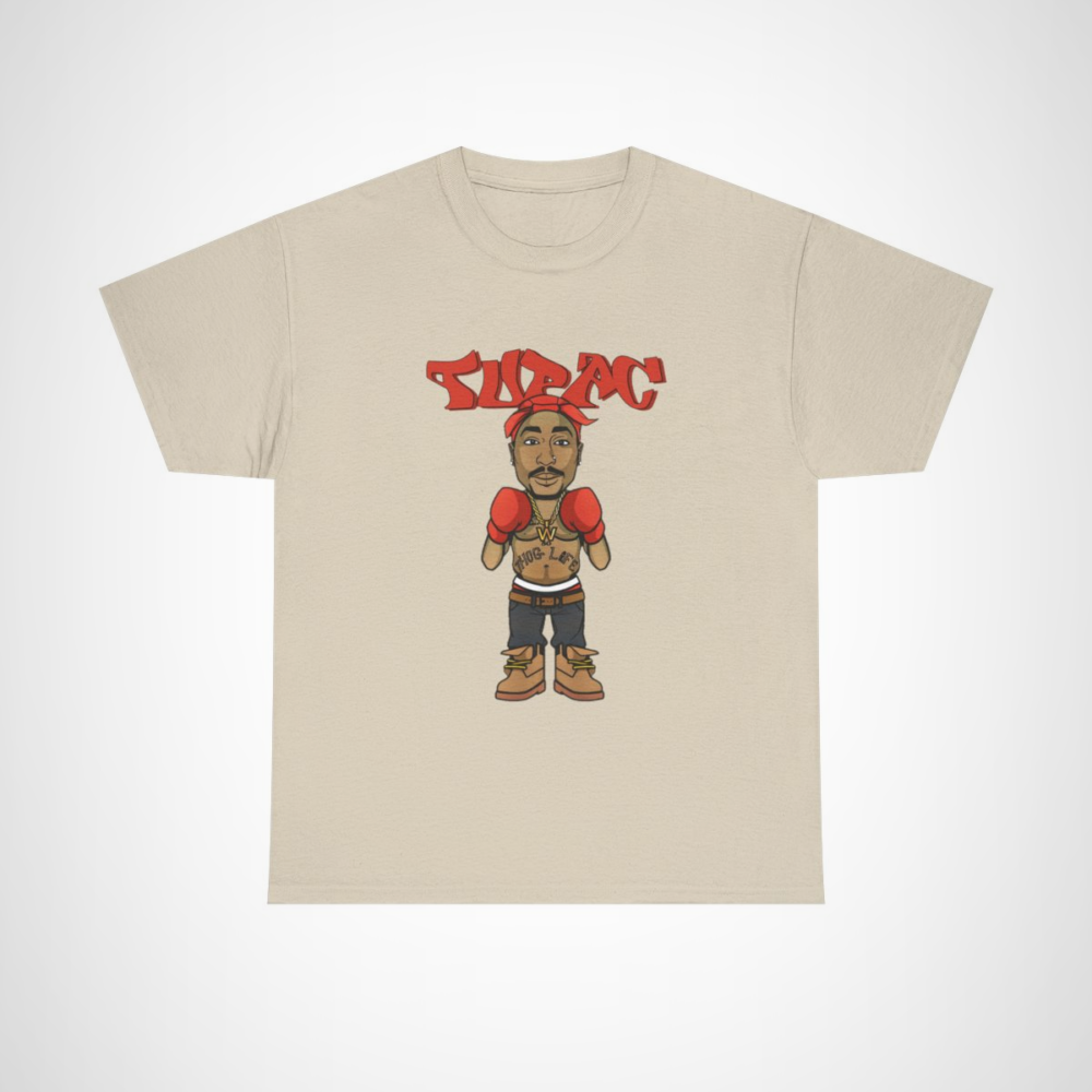 Tupac Cartoon Boxer Tee featuring playful illustration of rapper in boxing gloves Sand colour