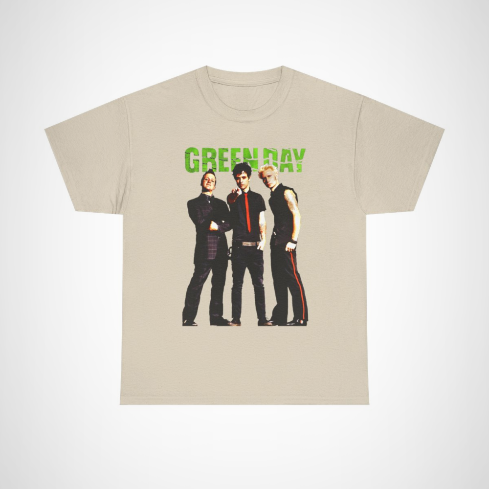 Green Day punk rock band t-shirt featuring iconic band members Sand colour