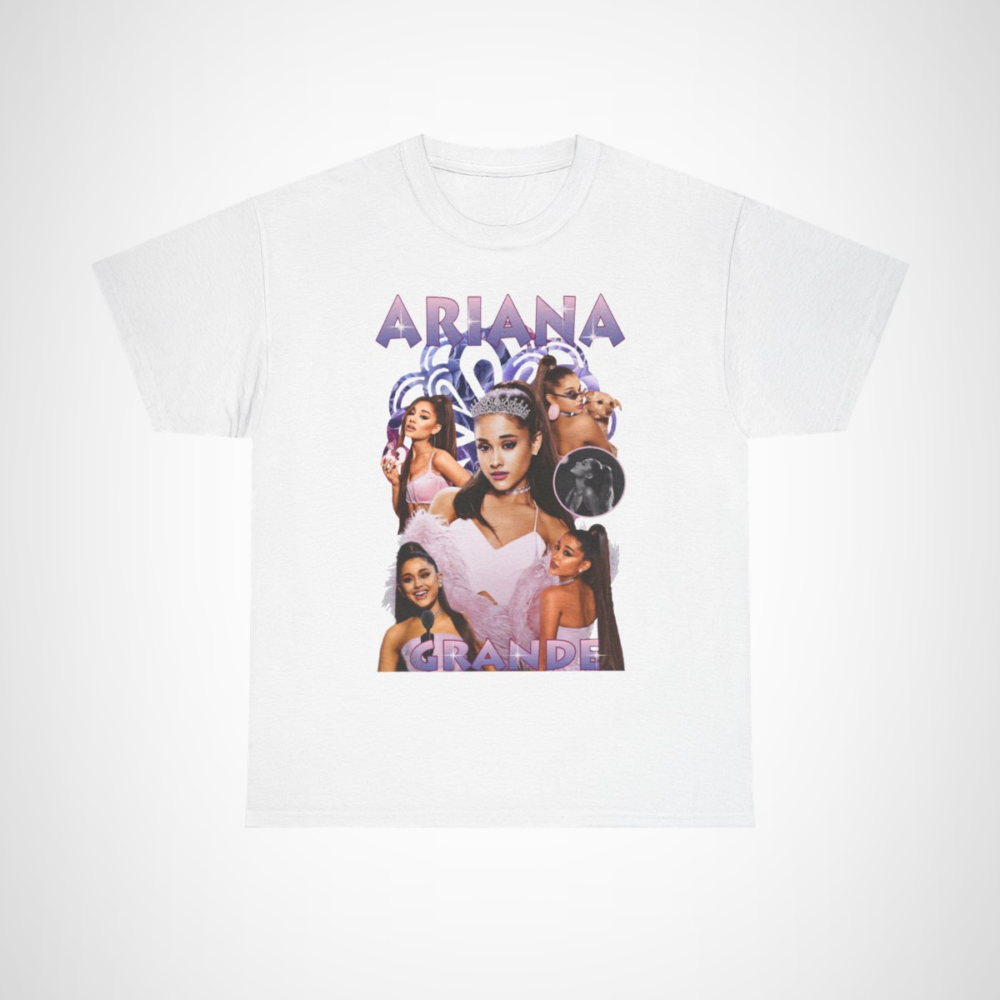Ariana Grande Glam Tee featuring a vibrant collage of the pop star in dazzling outfits White colour