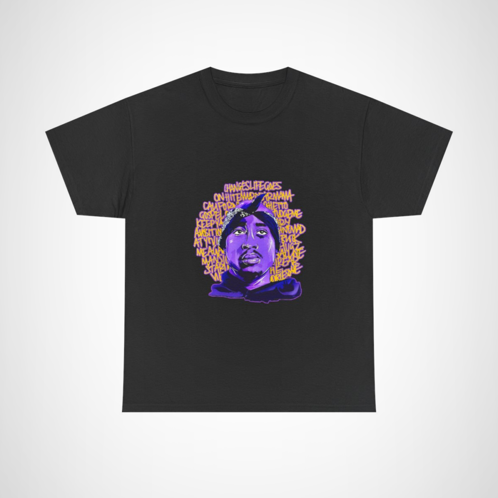 Tupac Inspired Life Goes On T-Shirt showcasing his iconic portrait and lyrics Black colour