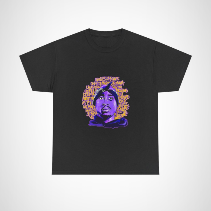 Tupac Inspired Life Goes On T-Shirt showcasing his iconic portrait and lyrics Black colour