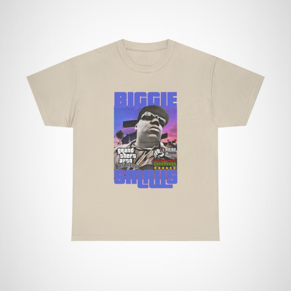 Biggie Smalls graphic tee inspired by Grand Theft Auto featuring unique design Sand colour