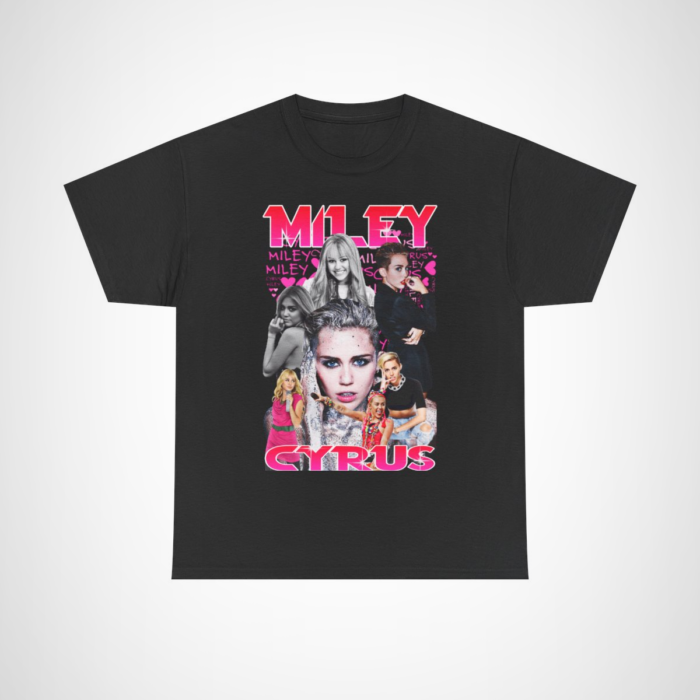 Miley Cyrus Collage T-Shirt showcasing iconic looks of the pop star Black colour