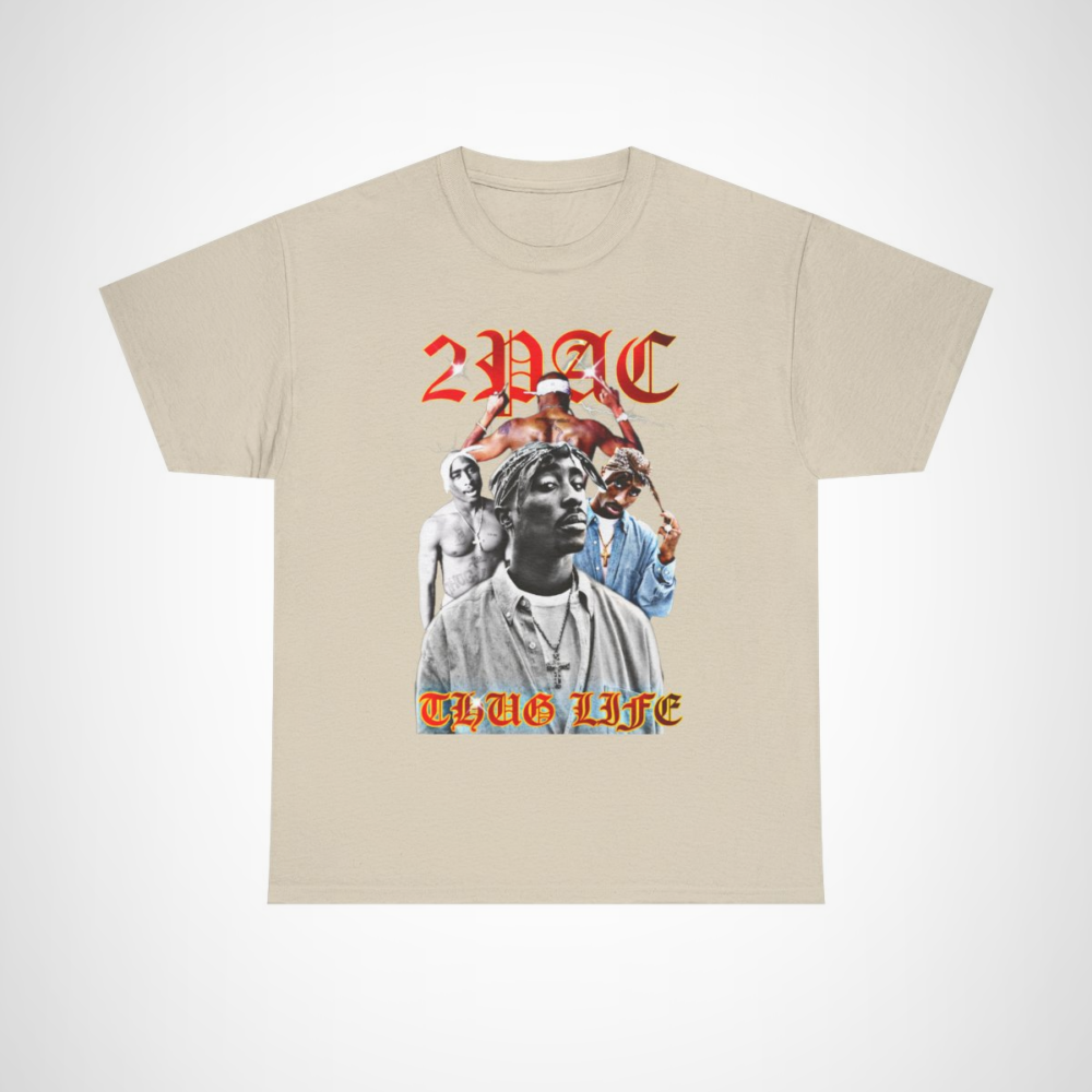 2PAC Thug Life Retro Graphic Tee showcasing bold graphics and tribute to a hip hop legend Sand colour