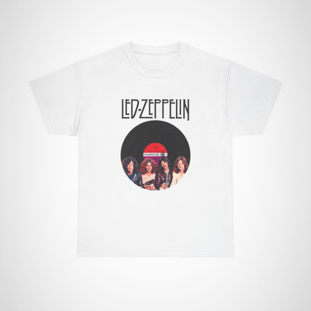 Vintage Led Zeppelin album cover art t-shirt showcasing classic rock designs White colour