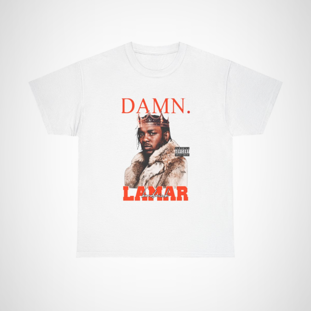 Kendrick Lamar DAMN. Crowned King T-Shirt displayed on a model White colour