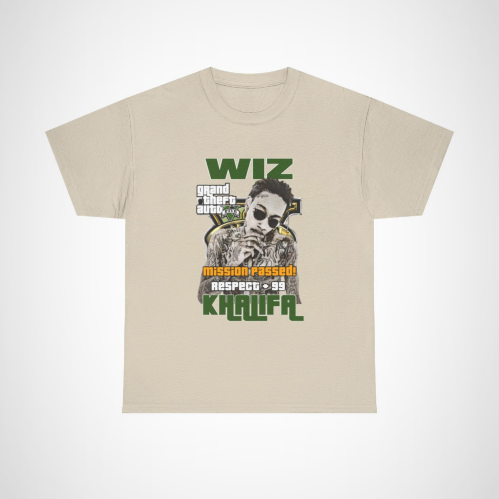 Wiz Khalifa GTA V 'Mission Passed' T-Shirt with vibrant gaming artwork Sand colour