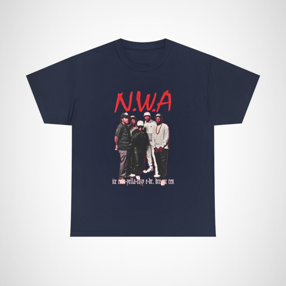 N.W.A. tribute t-shirt showcasing iconic members in bold graphics Navy colour