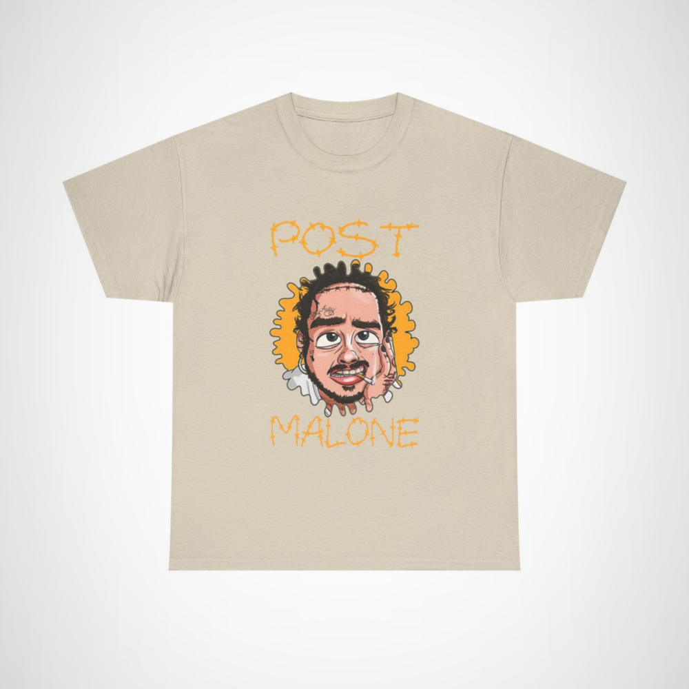 Post Malone cartoon style t-shirt featuring vibrant artwork Sand colour