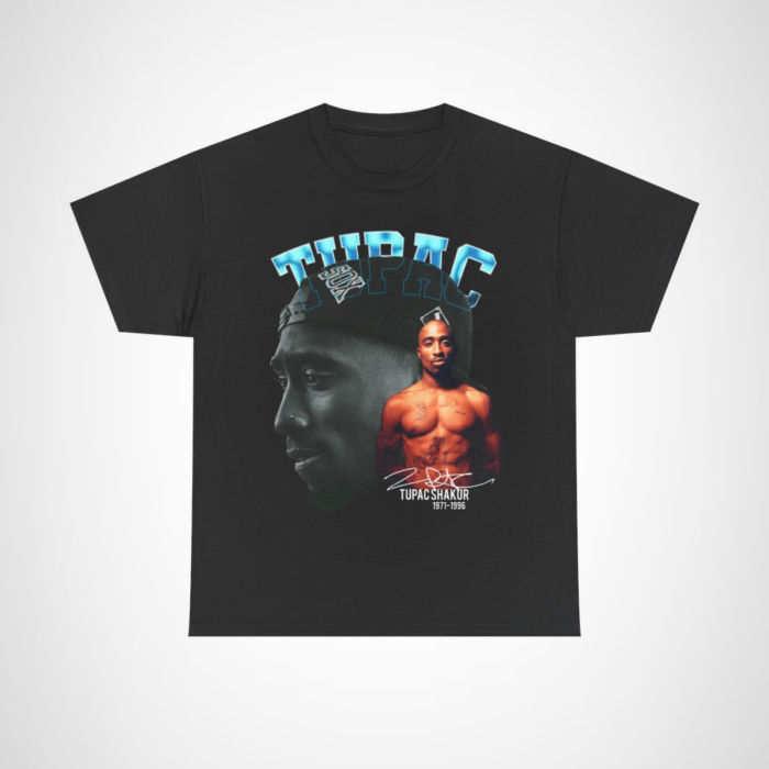 Tupac Shakur Black & White Portrait T-Shirt design featuring iconic image and signature Black colour