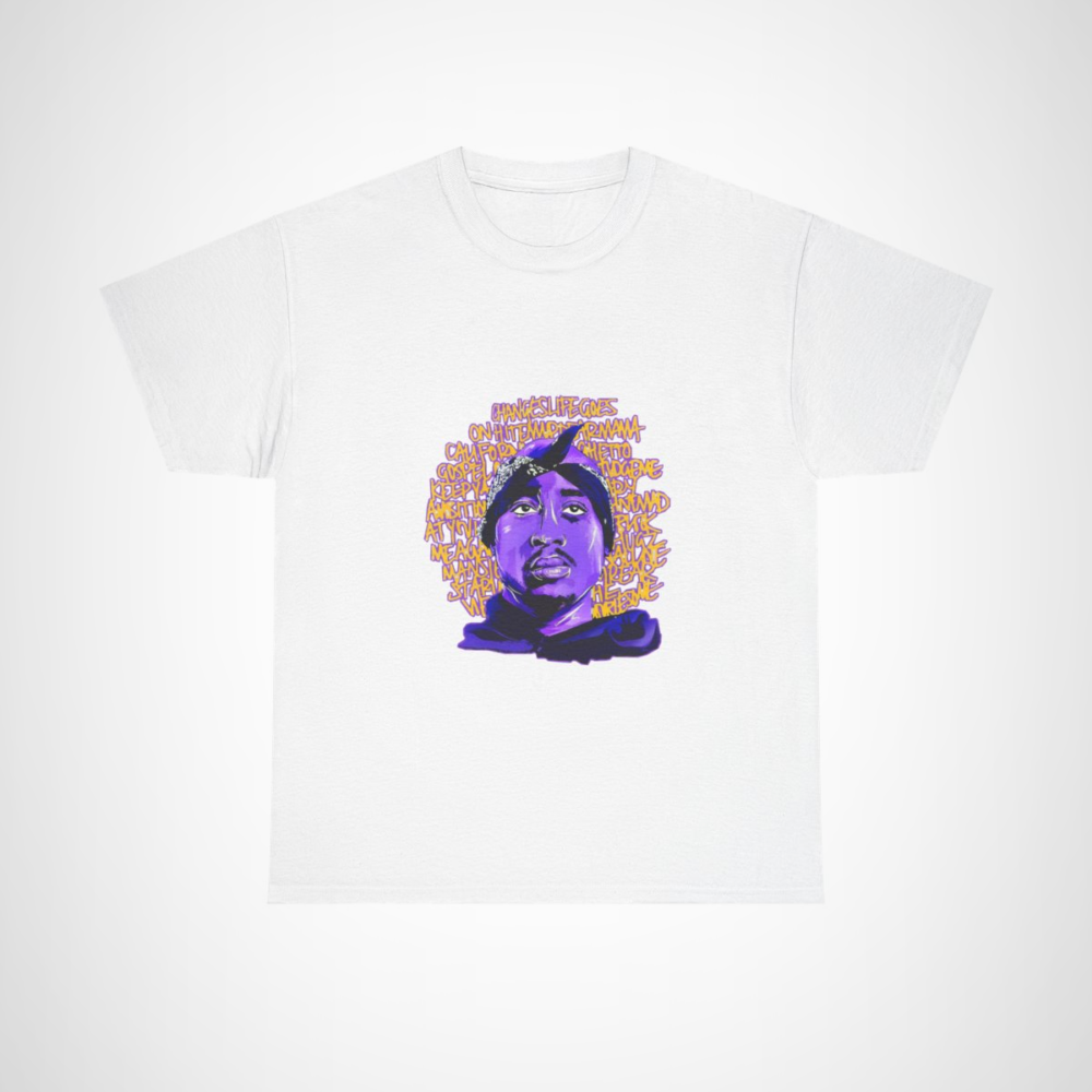 Tupac Inspired Life Goes On T-Shirt showcasing his iconic portrait and lyrics White colour