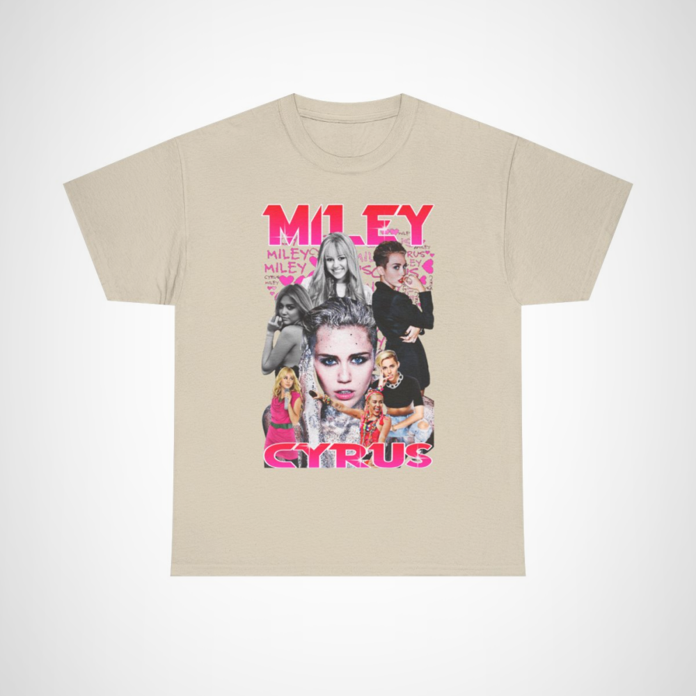Miley Cyrus Collage T-Shirt showcasing iconic looks of the pop star Sand colour