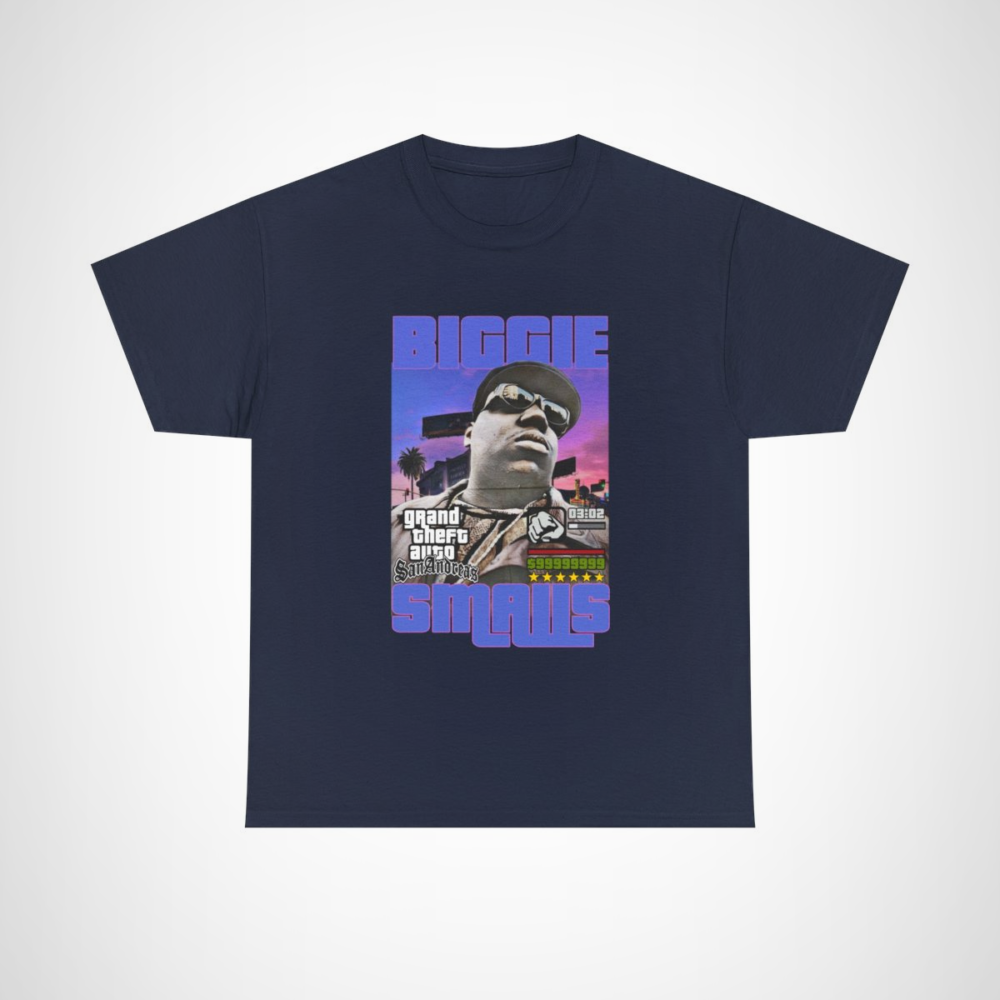 Biggie Smalls graphic tee inspired by Grand Theft Auto featuring unique design Navy colour