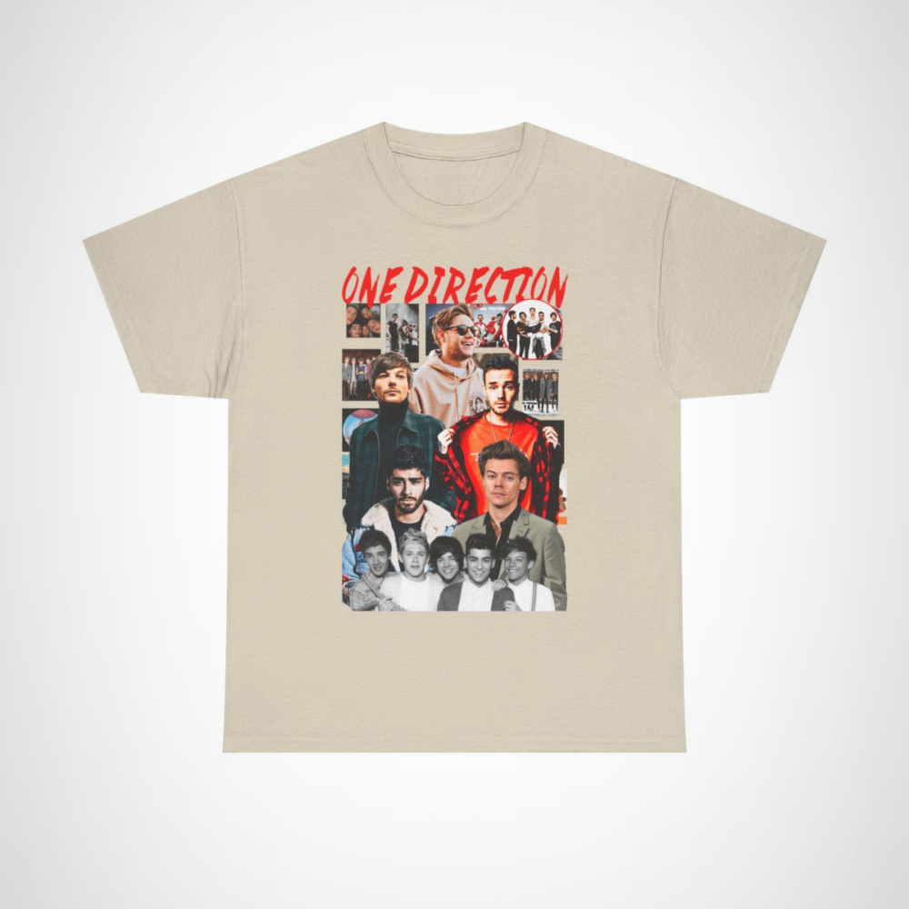 One Direction Vintage Collage T-Shirt featuring classic band photos Sand colour