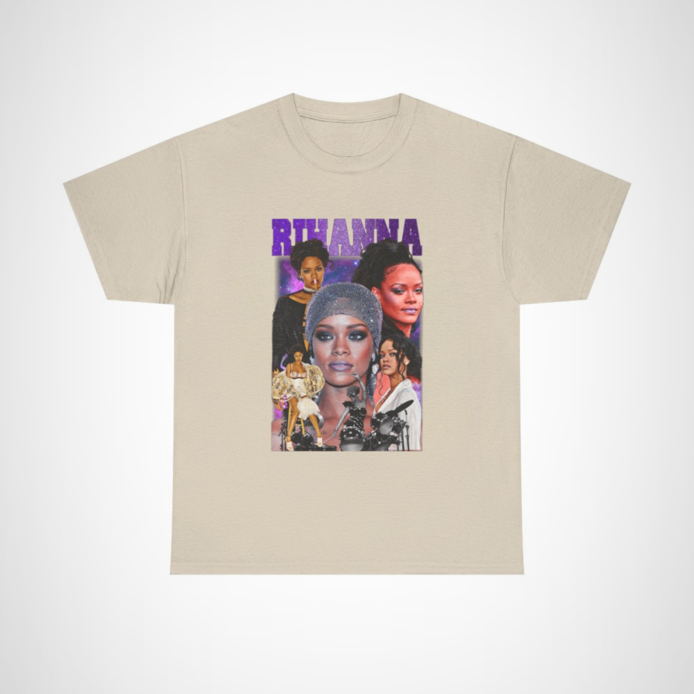 Stylish Rihanna Glamorous Collage T-Shirt showcasing iconic pop star images Sand colour