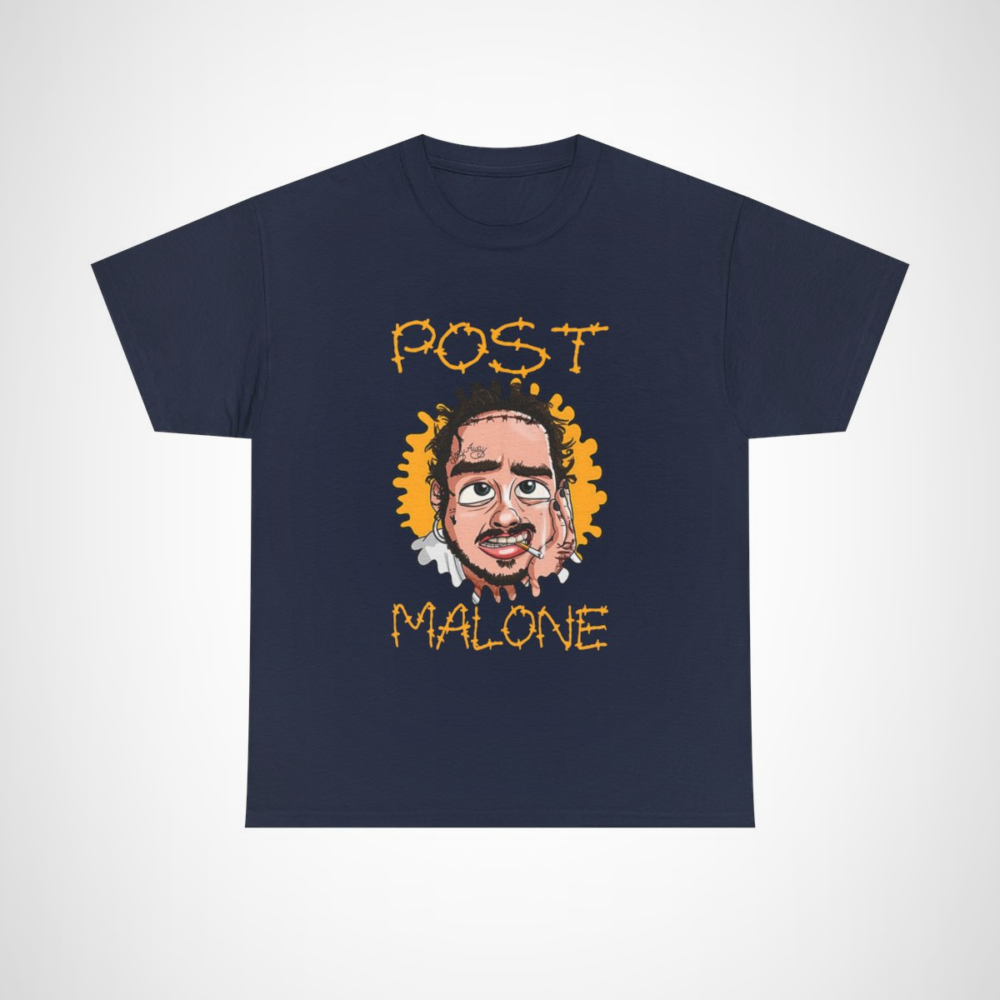 Post Malone cartoon style t-shirt featuring vibrant artwork Navy colour