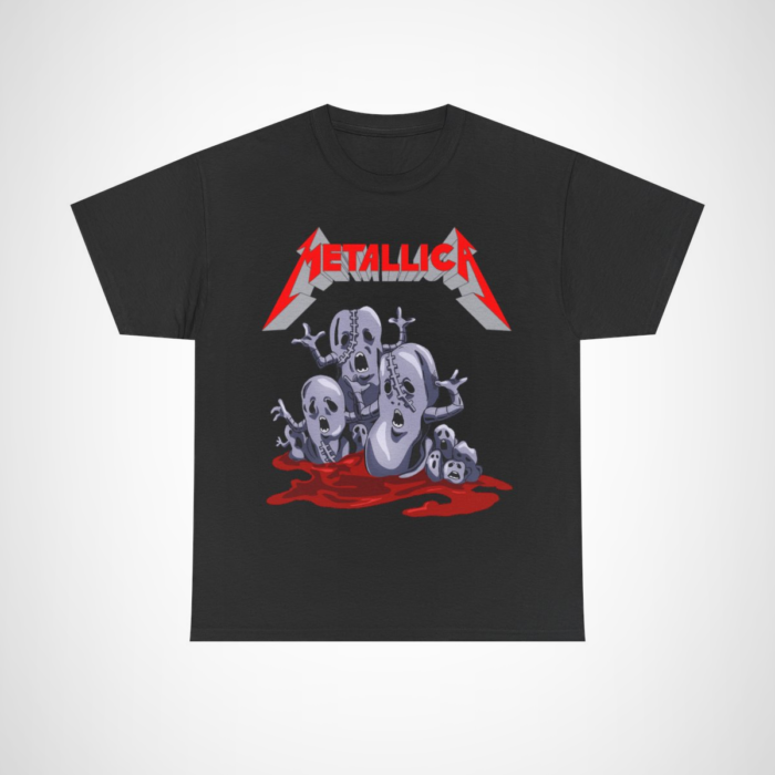 Metallica inspired graphic tee featuring spooky skulls design Black colour