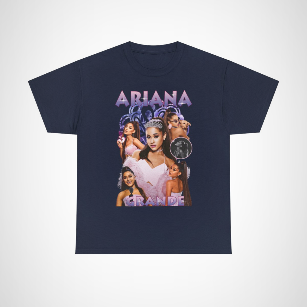 Ariana Grande Glam Tee featuring a vibrant collage of the pop star in dazzling outfits Navy colour