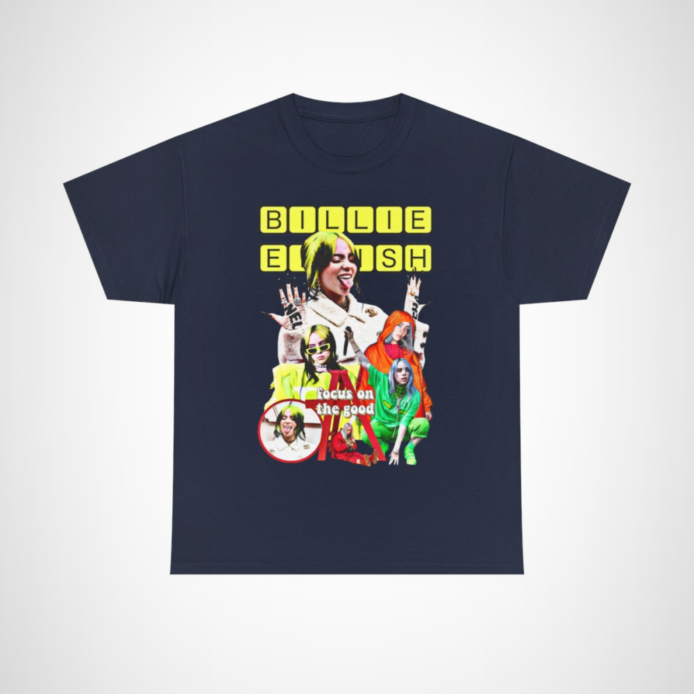 Billie Eilish Focus On The Good t-shirt featuring vibrant design Navy colour
