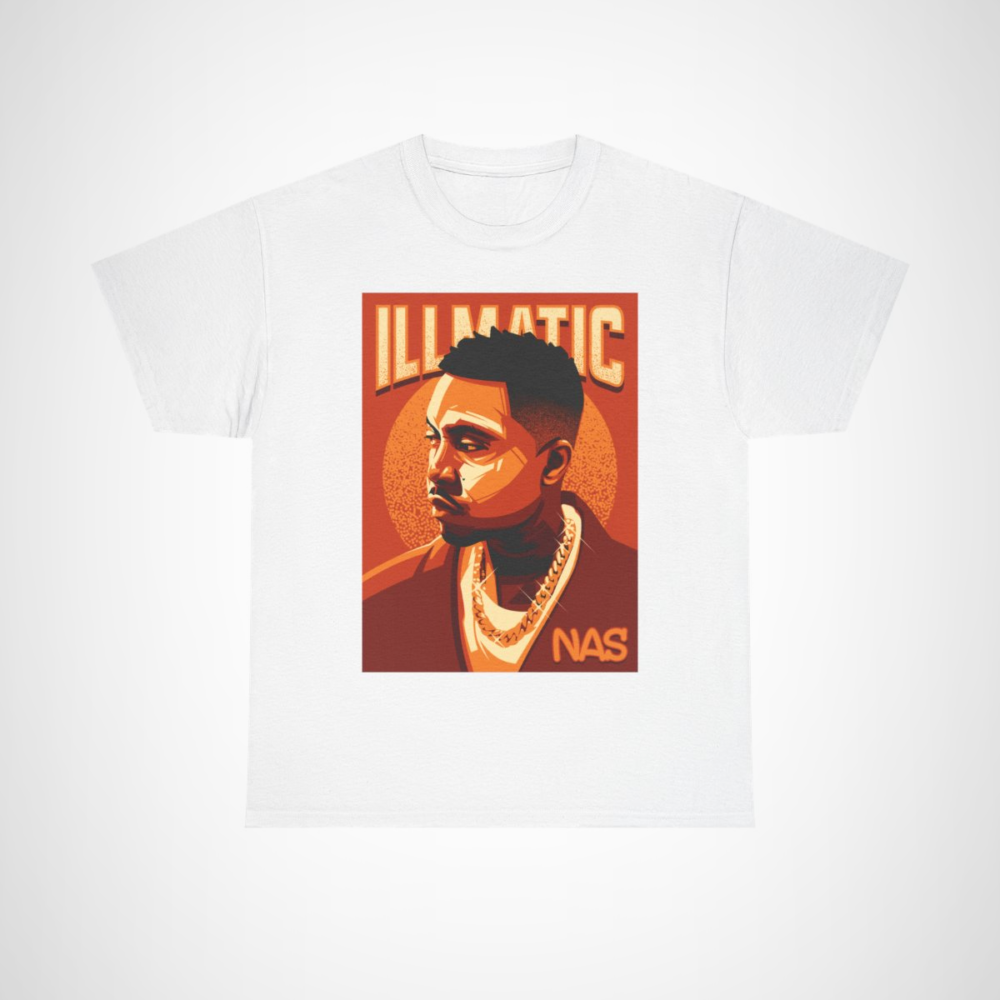 Stylized portrait of NAS on the Illmatic graphic tee for hip-hop fans White colour