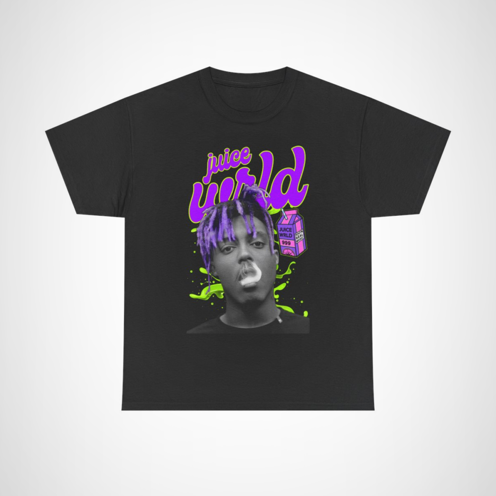 Juice WRLD 999 Graphic Tee showcasing a vibrant design with a playful milk carton Black colour