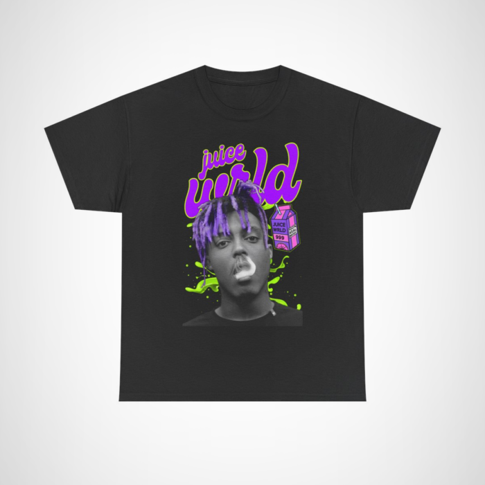 Juice WRLD 999 Graphic Tee showcasing a vibrant design with a playful milk carton Black colour