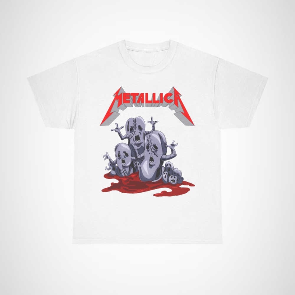 Metallica inspired graphic tee featuring spooky skulls design White colour