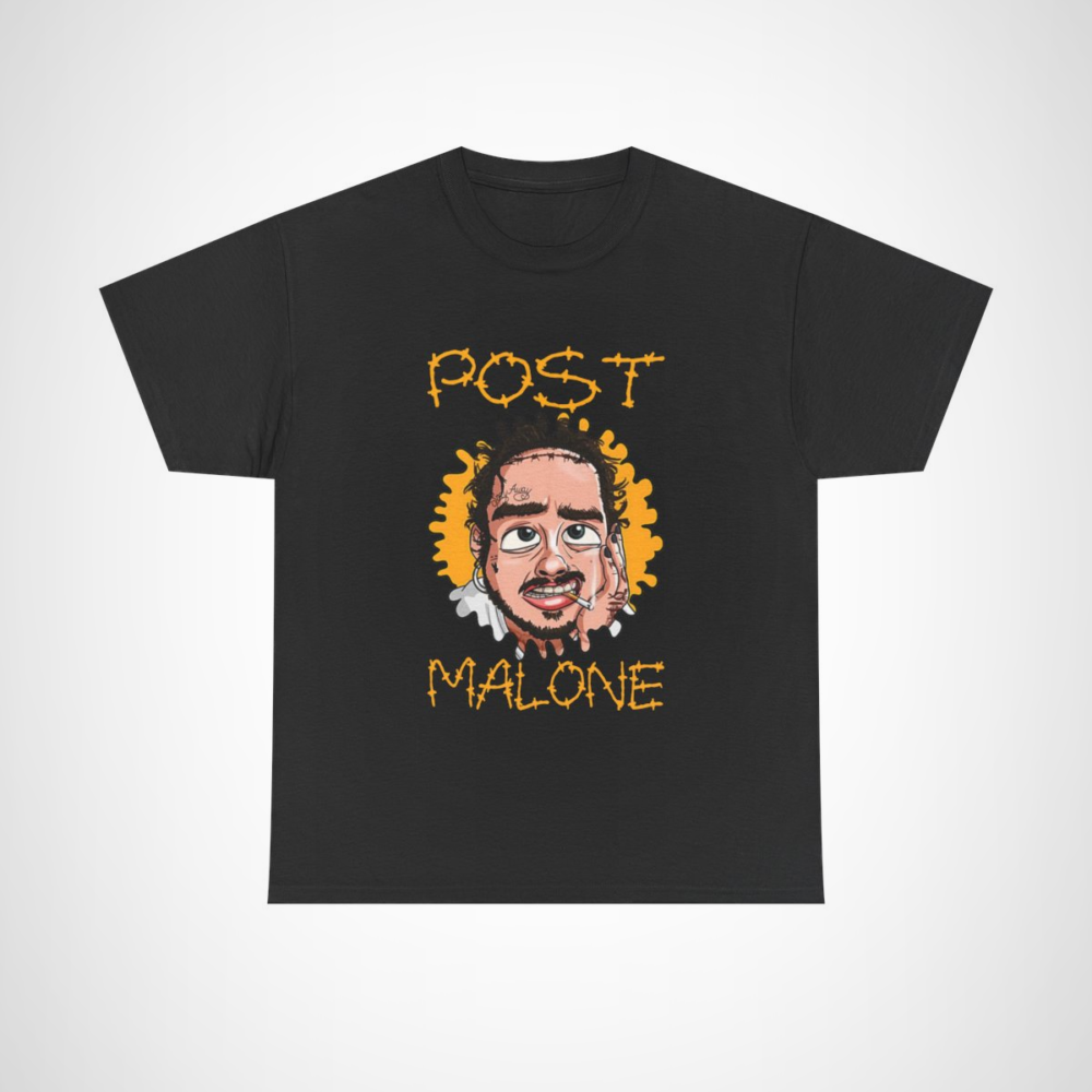 Post Malone cartoon style t-shirt featuring vibrant artwork Black colour