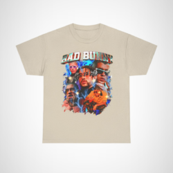 Bad Bunny collage t-shirt showcasing vibrant art and electric vibes Sand colour