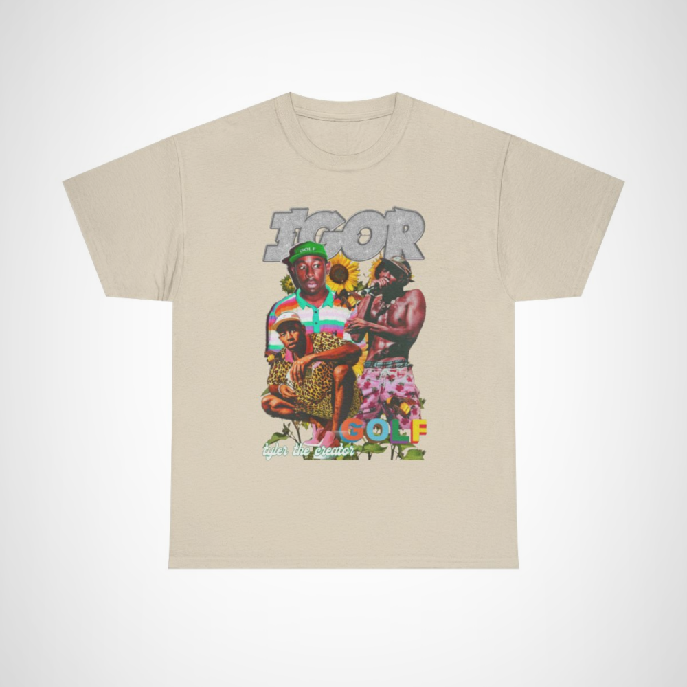 Tyler the Creator IGOR Golf Flower T-Shirt showcasing vibrant graphics and sunflowers Sand colour