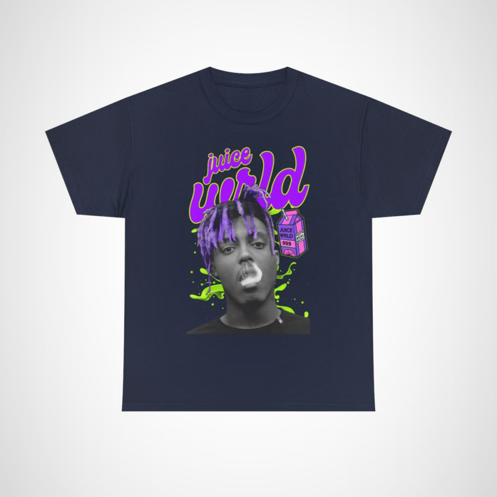 Juice WRLD 999 Graphic Tee showcasing a vibrant design with a playful milk carton Navy colour