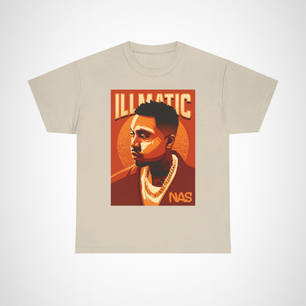 Stylized portrait of NAS on the Illmatic graphic tee for hip-hop fans Sand colour