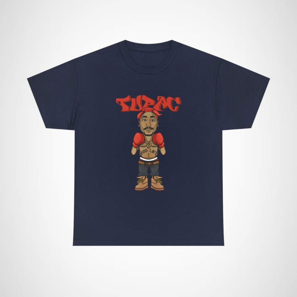 Tupac Cartoon Boxer Tee featuring playful illustration of rapper in boxing gloves Navy colour