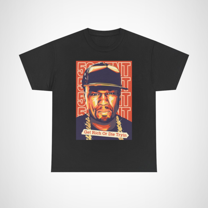 Get Rich Or Die Tryin' 50 Cent Graphic Tee showcasing hip-hop inspired design Black colour