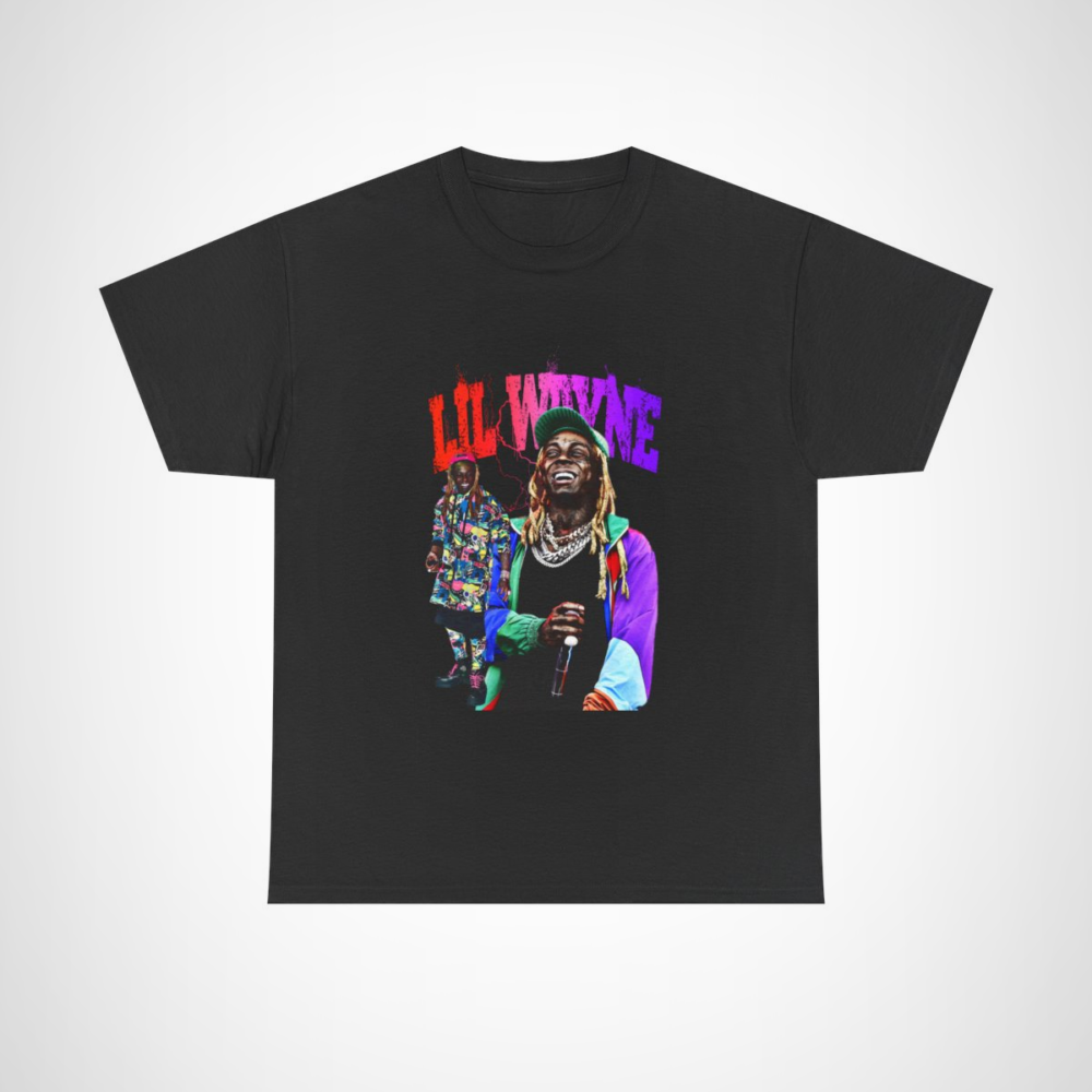 Eye-catching Lil Wayne hip-hop style t-shirt featuring vibrant colors and bold design for music fans. Black colour