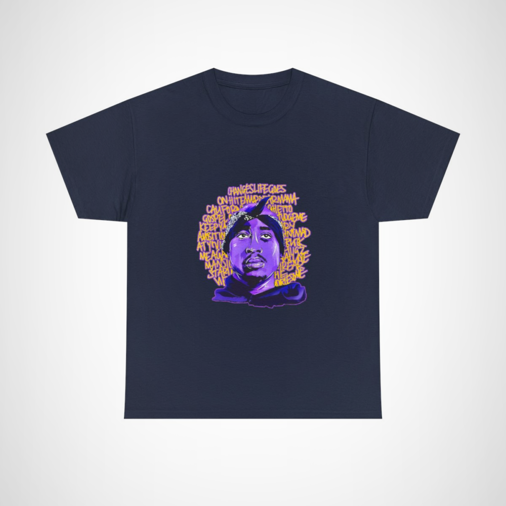 Tupac Inspired Life Goes On T-Shirt showcasing his iconic portrait and lyrics Navy colour
