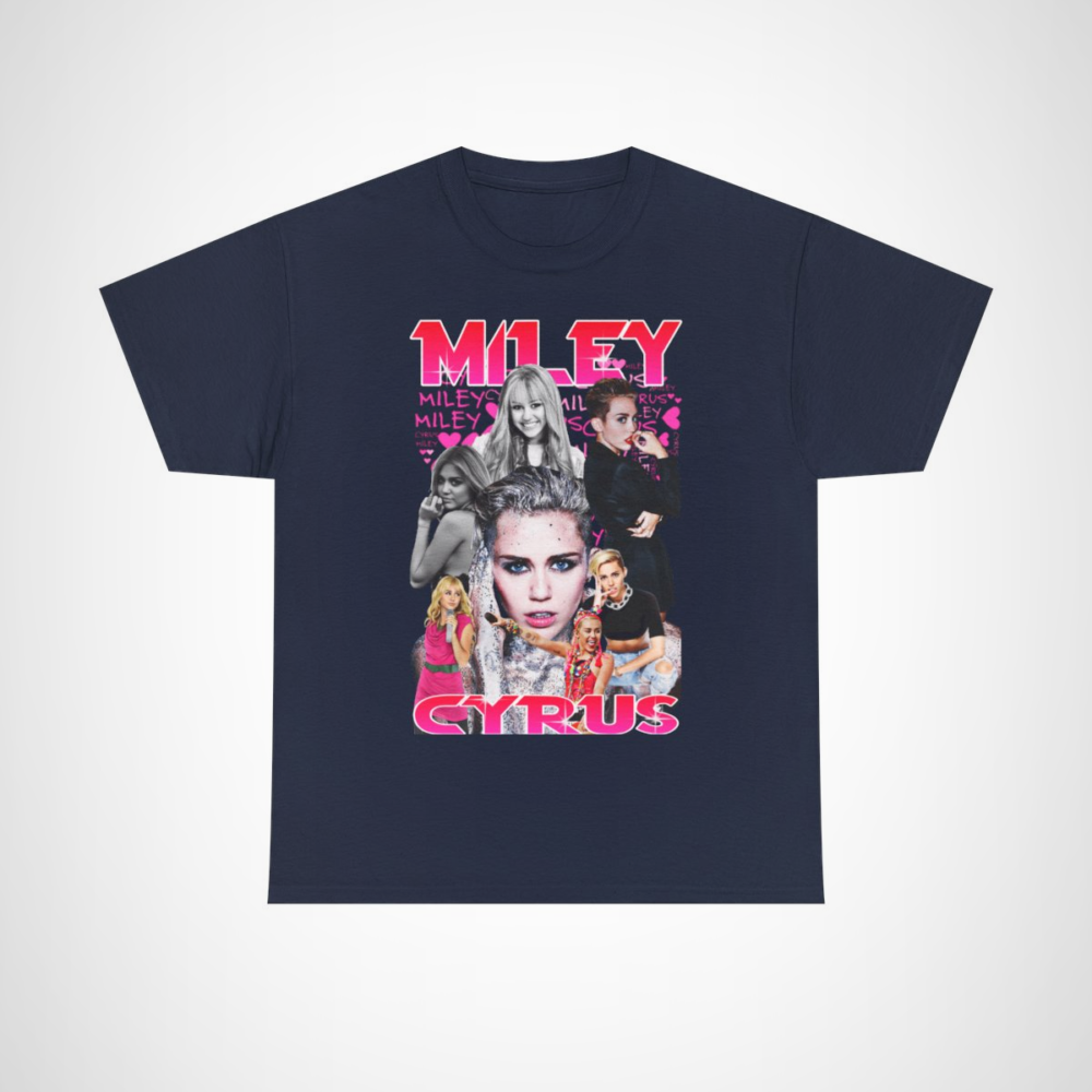 Miley Cyrus Collage T-Shirt showcasing iconic looks of the pop star Navy colour