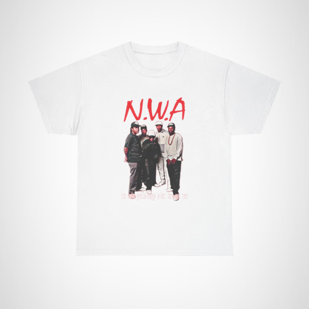 N.W.A. tribute t-shirt showcasing iconic members in bold graphics White colour