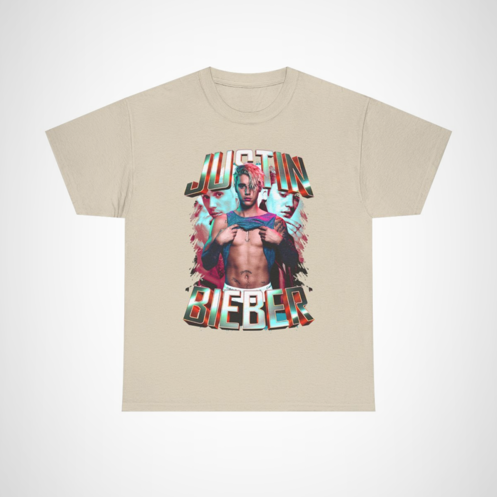 Justin Bieber Retro Graphic Tee showcasing vibrant design for music fans Sand colour