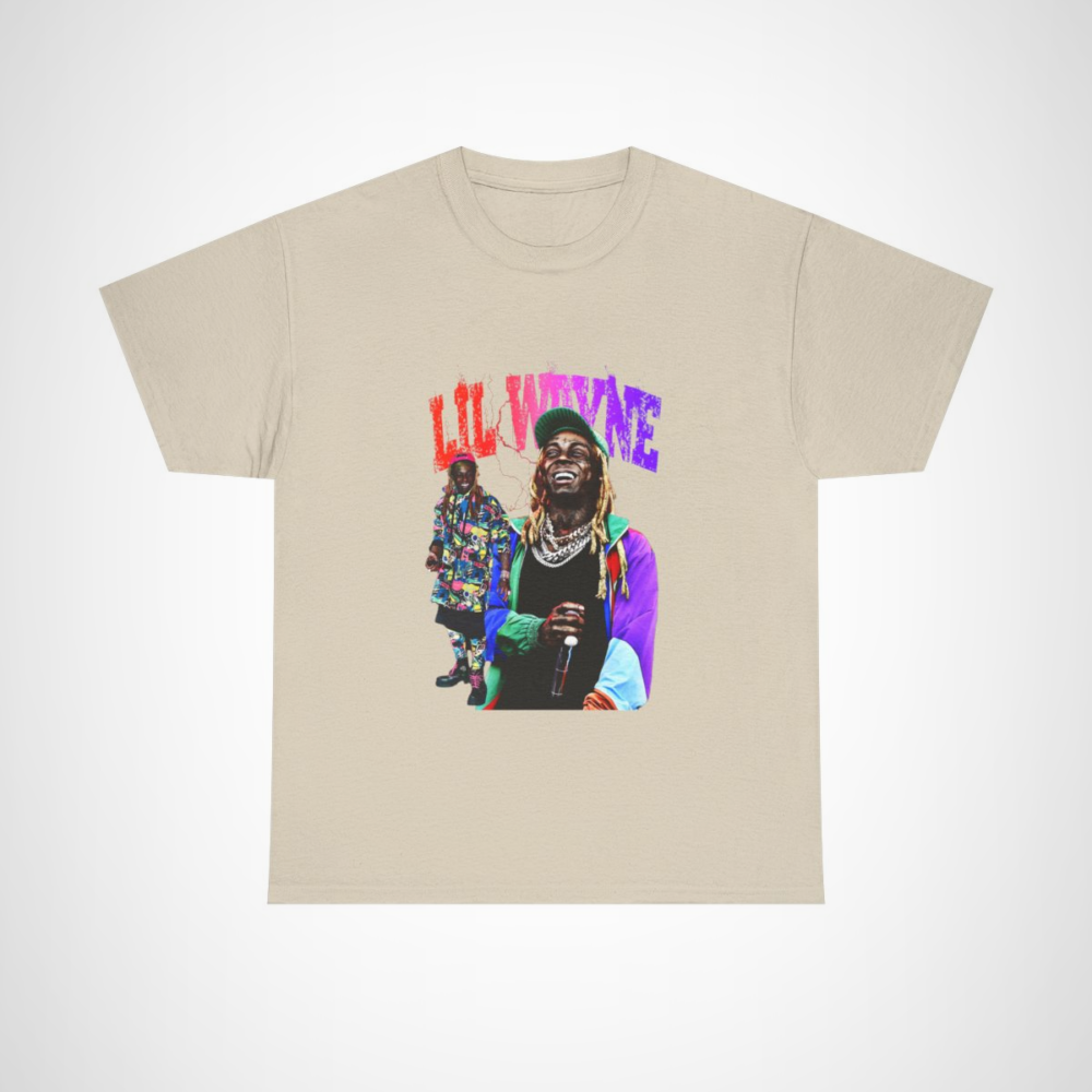 Eye-catching Lil Wayne hip-hop style t-shirt featuring vibrant colors and bold design for music fans. Sand colour