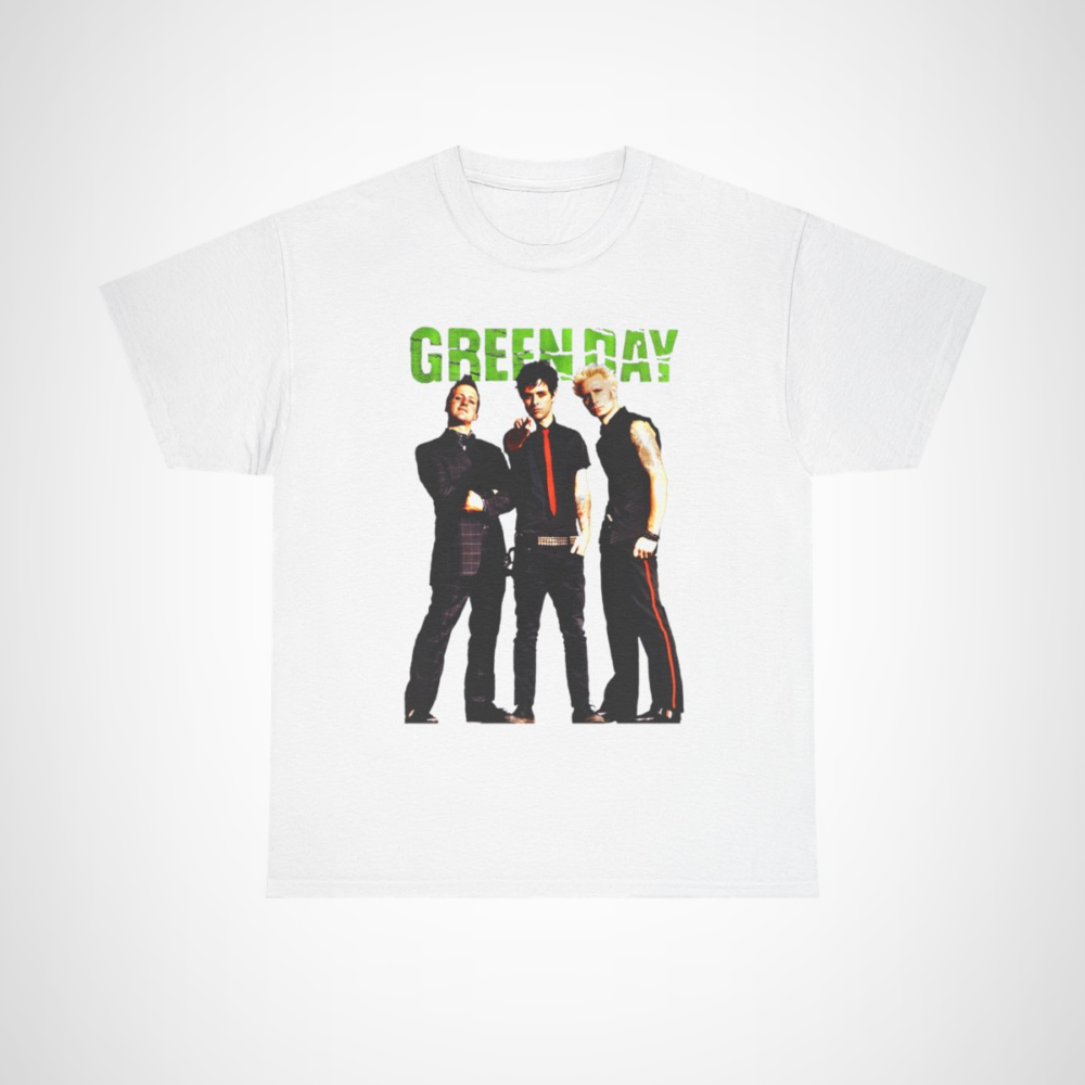 Green Day punk rock band t-shirt featuring iconic band members White colour