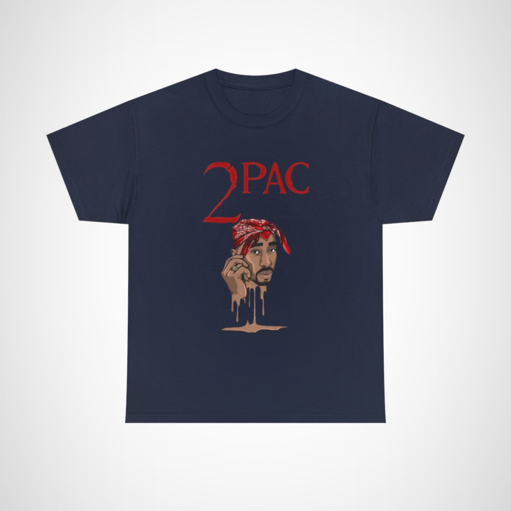Vintage 2Pac Hip Hop Icon Graphic Tee with illustration of 2Pac wearing a bandana Navy colour